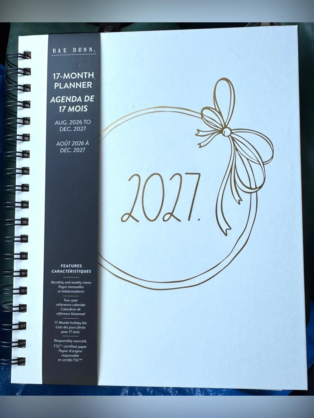 NEW Rae Dunn 2027 Planner Hardback Spiral 17 months Planner Gold Foil Bow Design